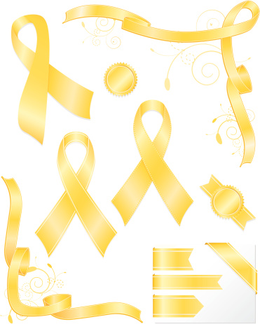 Set of yellow awareness ribbons, and matching stickers, edge and corner ribbons. Can represent deployed troops, missing persons, suicide prevention, bone cancer, endometriosis awareness, more. Copy space.