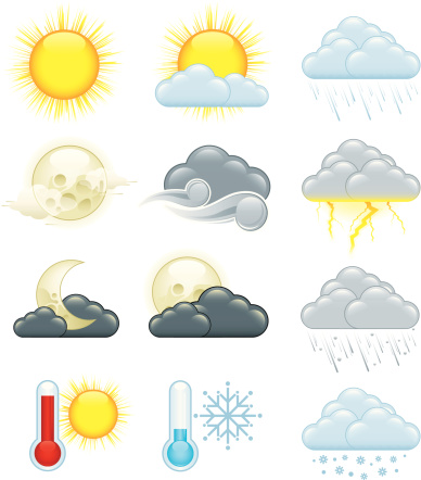 Colored weather icons. All colors are global CMYK. Both linear and radial gradients used.