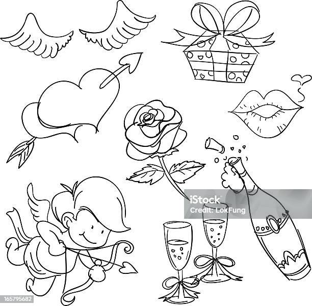 Valentines Day In Sketch Style Stock Illustration - Download Image Now - Doodle, Cupid, Rose - Flower