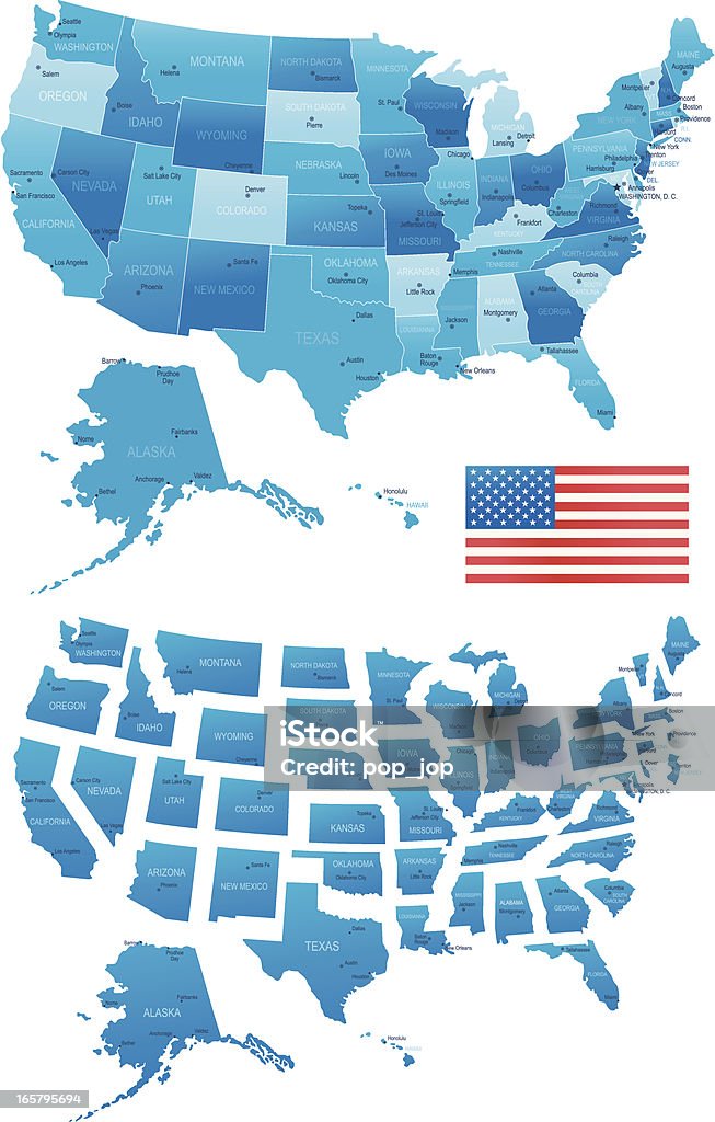 Stati Uniti mappa, Bandiera degli Stati membri, città - arte vettoriale royalty-free di Carta geografica