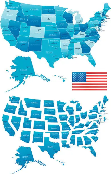 Vector illustration of USA map - states, cities, flag