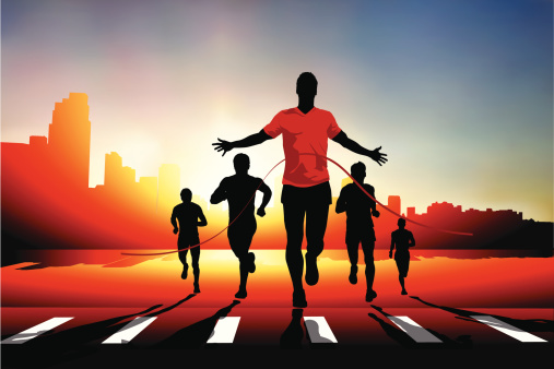 Vector of a silhouetted runner crossing the finish line in a city race. 