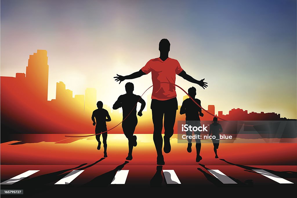 Winning the race Vector of a silhouetted runner crossing the finish line in a city race.  Running stock vector