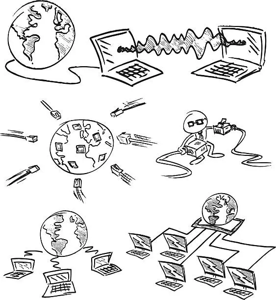 Vector illustration of Doodle illustration of computing network figures in black