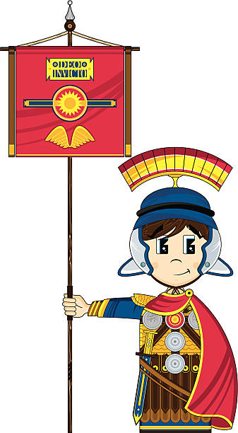 ilustrações de stock, clip art, desenhos animados e ícones de fofo centurião com bandeira de banner - hiking pole fun roman history