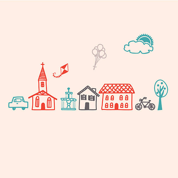 ilustraciones, imágenes clip art, dibujos animados e iconos de stock de conjunto de iconos de un pequeño pueblo de la ciudad - rural community