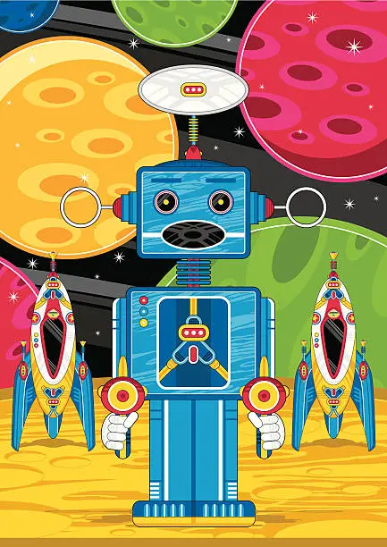 Vector illustration of Robot & Rocket Ships on Planet