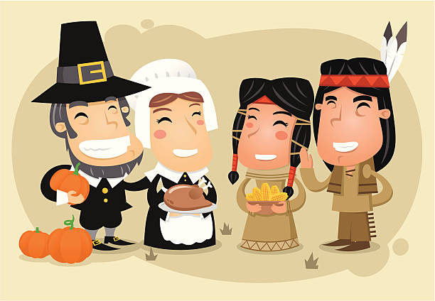 день благодарения праздник - pilgrim thanksgiving men protestantism stock illustrations