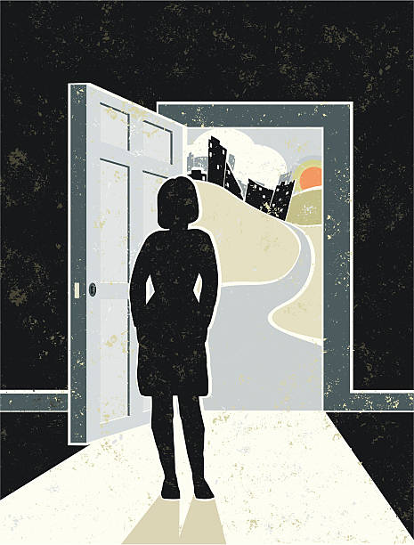 открытая дверь, бизнес женщина и город - door opening women doorway stock illustrations