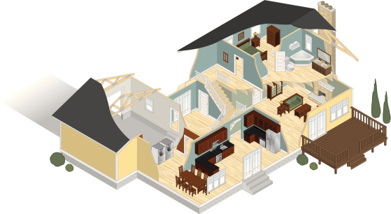 A highly detailed isometric vector illustration of a floor plan complete with furniture.  This is a vector illustration which means that it can me scaled to any size without distortion or loss of quality.