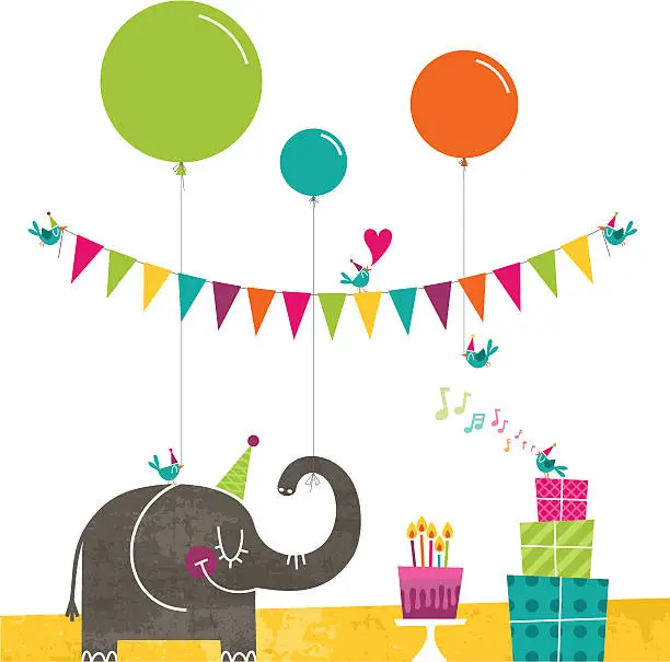 Vector illustration of Happy birthday elephant birds party retro cake bunting