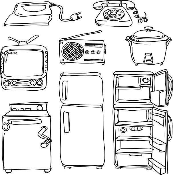 Electrical appliances in sketch style Electrical appliances in sketch style, black and white  radio drawings stock illustrations