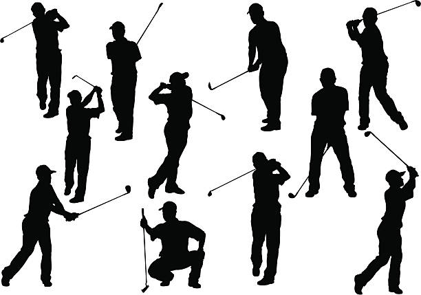 Silhouettes depicting a Golfer that is in many positions  Human Silhouette. golf silhouettes stock illustrations