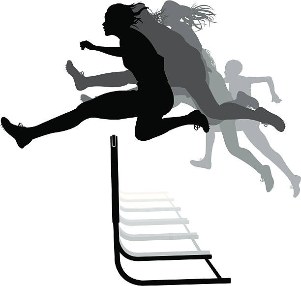 ilustrações, clipart, desenhos animados e ícones de atleta de pista de corrida de obstáculos, feminino conheça - hurdle competition hurdling vitality
