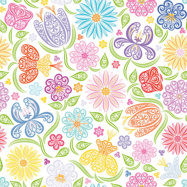 Seamless Floral Pattern Seamless pattern of stylized colorful flowers. bouquet backgrounds spring tulip stock illustrations