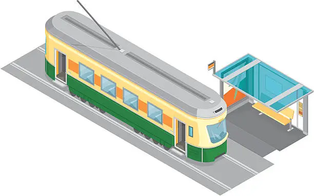 Vector illustration of Isometric tram with station