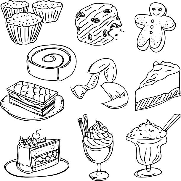 Dessert collection in Black and White Dessert collection in Black and White chocolate chip cookie drawing stock illustrations