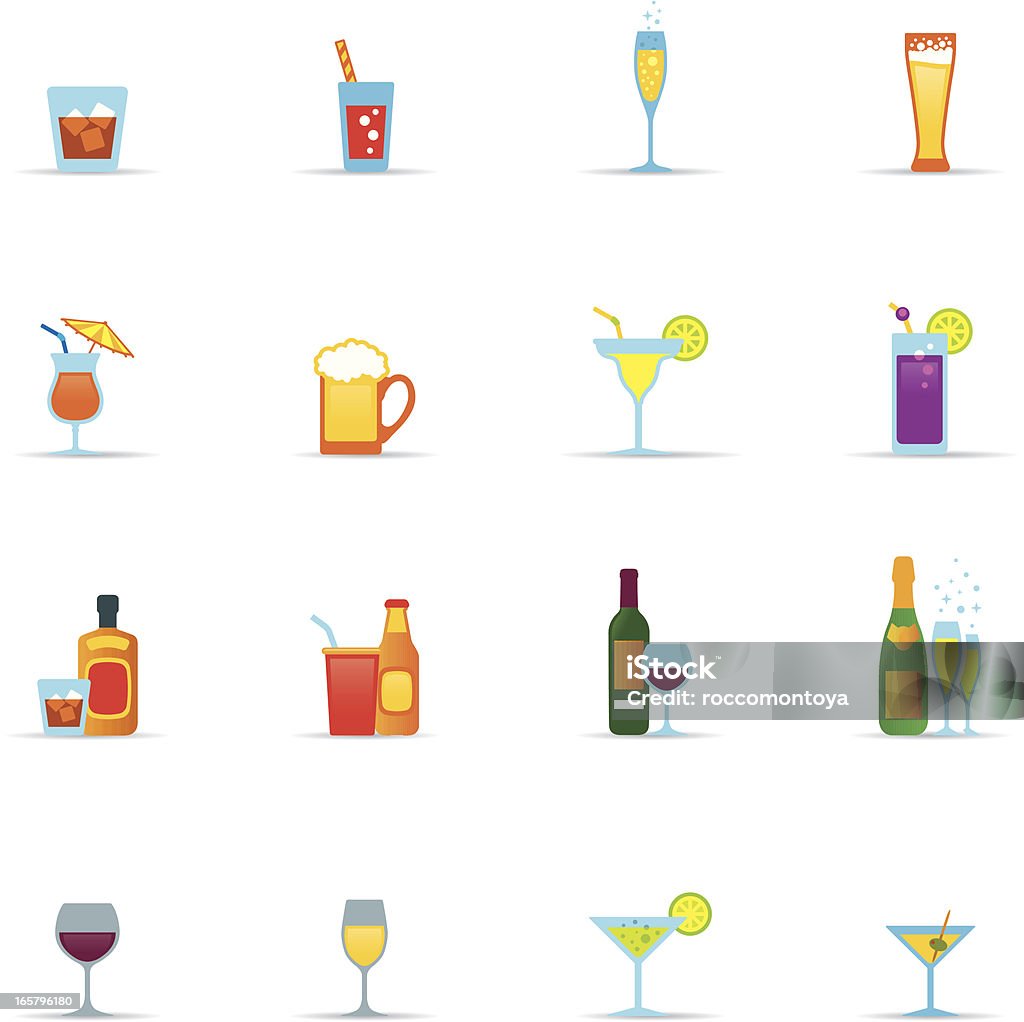 Conjunto de ícones, bebidas e copos de cores - Vetor de Copo de whisky royalty-free