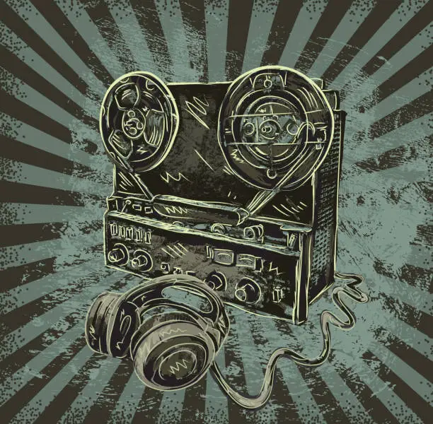 Vector illustration of Vintage reel-to-reel recorder with headphones
