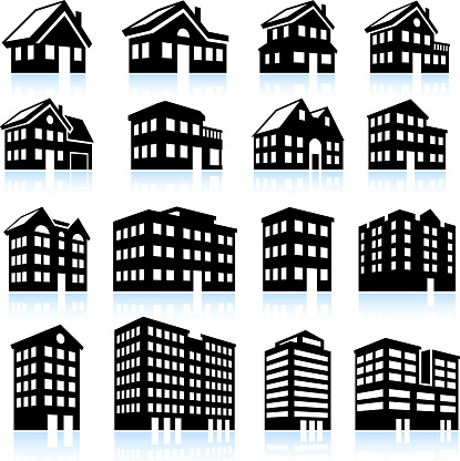 A series of 16 house and apartment-building, real-estate-themed vector illustrations.  This group of houses and apartment buildings is designed with four rows of four buildings per row.  The houses are rendered in black-and-white accents and pictured against a background of stark bright white color.  Each house or building casts a small blue shadow onto the foreground, adding  definition and realisitc detail to the design.  The three-dimensional houses and buildings are a mix of small single-family homes, two-story single-family homes, duplexes, small apartment complexes and much larger high-rise apartment buildings and other structures.