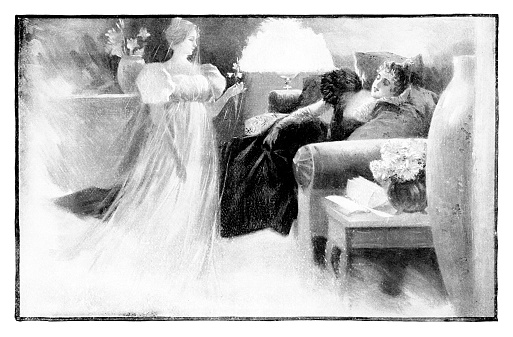 A woman falls asleep on the living room sofa and a young woman comes to her in a dream, offering wildflowers. Illustration published in 1896. Original edition is from my own archives. Copyright has expired and is in Public Domain.