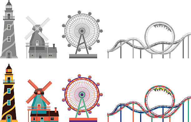 lighthouse,windmill,ferris wheel and Roller coaster vector art illustration