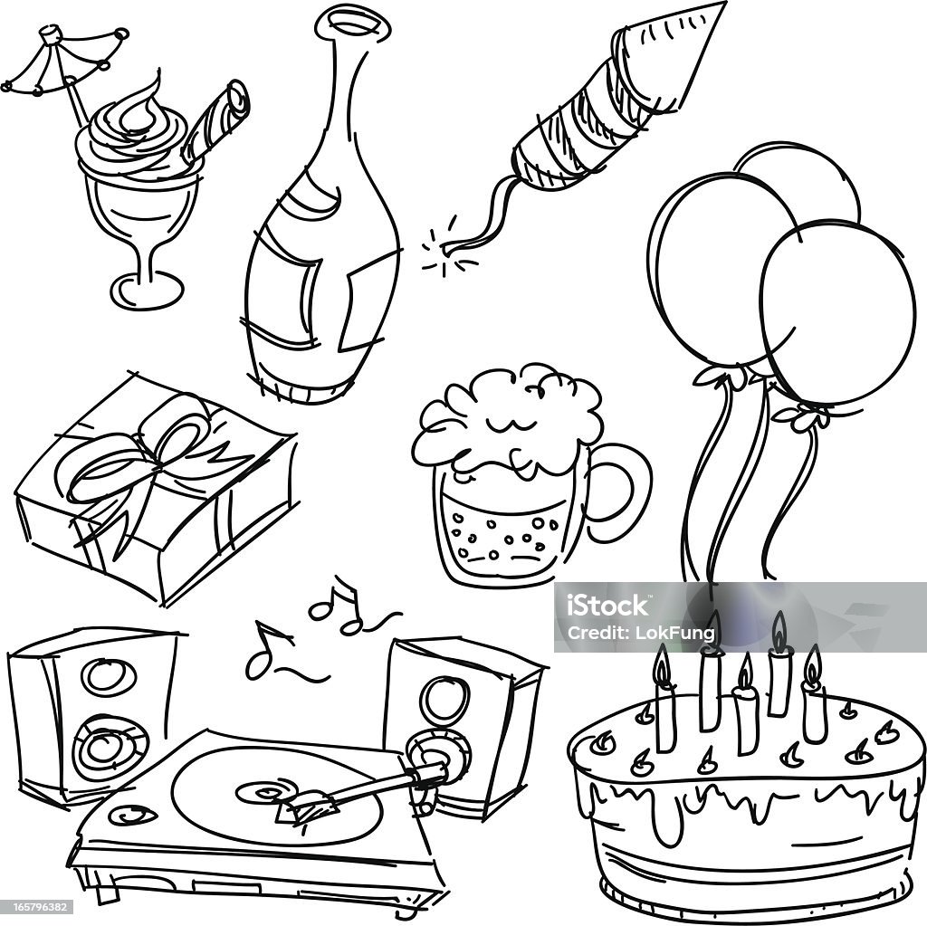 Party item in black and white Party item in sketch style, Black and White Birthday stock vector