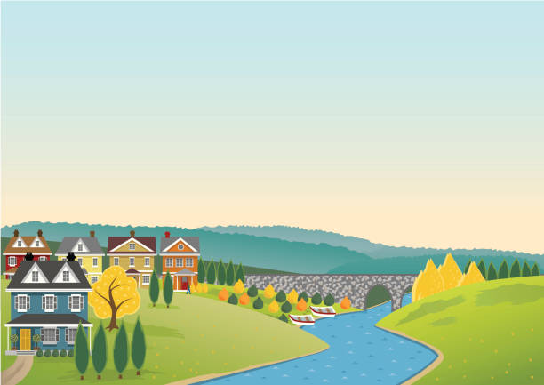 Riverside Banner "Illustration of a town along a river, including a bridge over the river, with buildings in the foreground and rural hills in the background. The layout allows for copy space, can be used as a banner or footer, height of the sky can be changed according to your needs. Artwork on separate and editable layers, elements can be scaled, adjusted and moved. Download includes an AI8 EPS vector file and a high resolution JPEG file (min. 1900 x 2800 pixels). Similar files:" small town main street stock illustrations