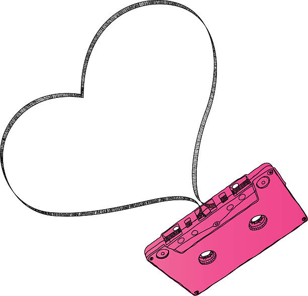The Best Love Ballads Mixtape Vector an oldschool pink plastic cassette with heart shaped band flowing out as frame. mix tape heart stock illustrations