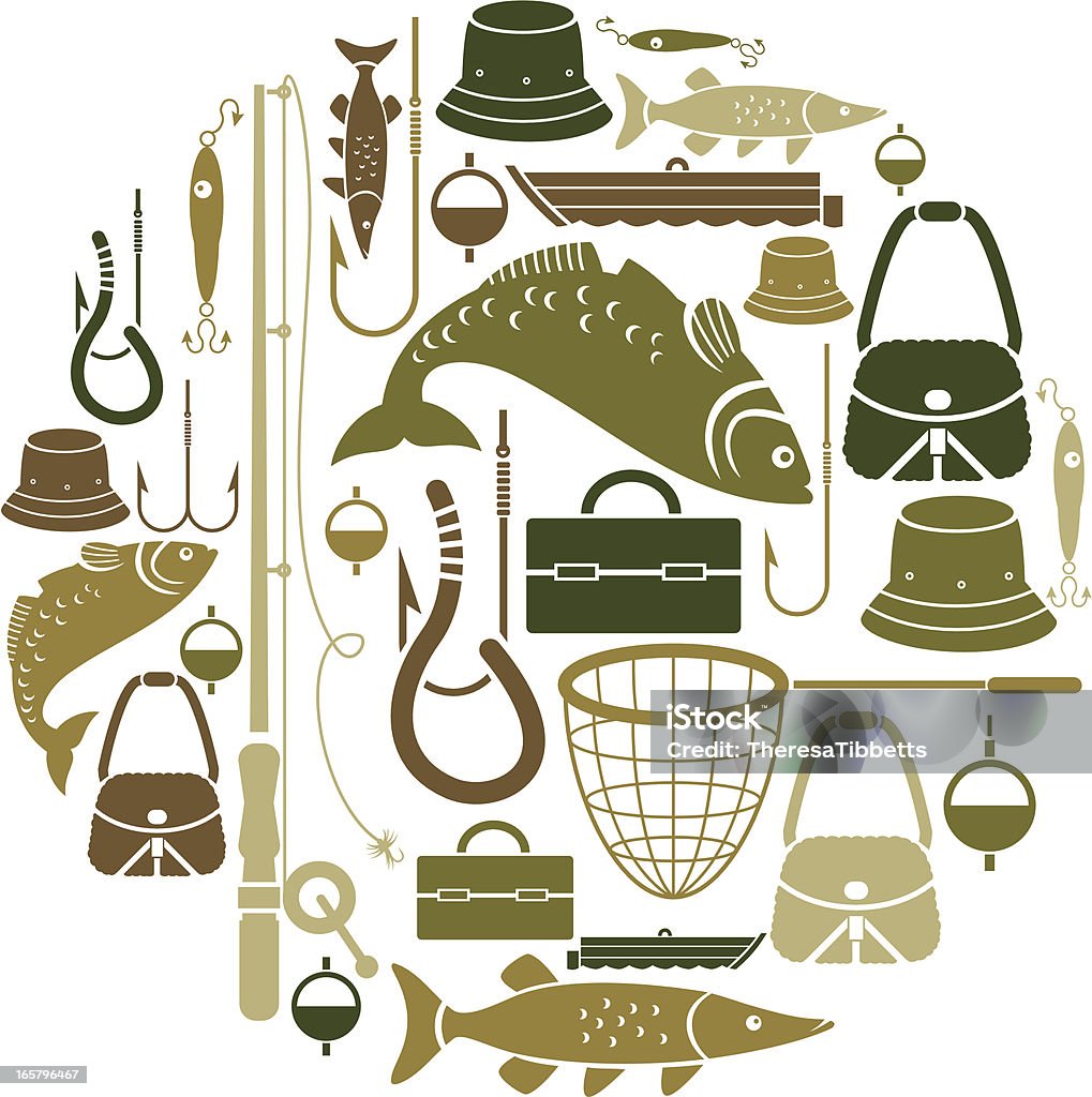 Fishing-themed set of vector icons Vector illustration of fishing icons against a white background.  The icons are shades of brown and green, and they are arranged in a circle.  In the center of the circle, a large olive fish appears above brown hooks and a green tackle box.  There is a large brown net below the tackle box.  There is a long light brown fishing pole in the left part of the circle, and there are fishing lures and a hat to the left of it.  There is a brown fishing boat in the top part of the circle, and there are two bags and a hat in the right part of the circle. Fishing Hook stock vector