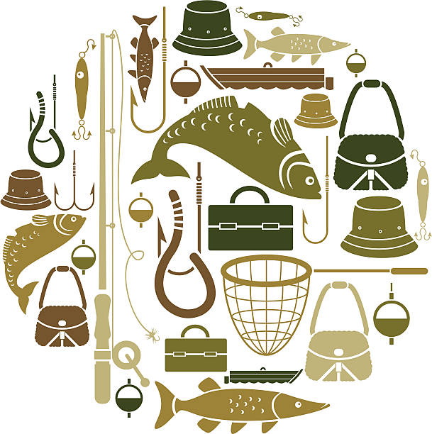 Fishing-themed set of vector icons Vector illustration of fishing icons against a white background.  The icons are shades of brown and green, and they are arranged in a circle.  In the center of the circle, a large olive fish appears above brown hooks and a green tackle box.  There is a large brown net below the tackle box.  There is a long light brown fishing pole in the left part of the circle, and there are fishing lures and a hat to the left of it.  There is a brown fishing boat in the top part of the circle, and there are two bags and a hat in the right part of the circle. fishing hook illustrations stock illustrations