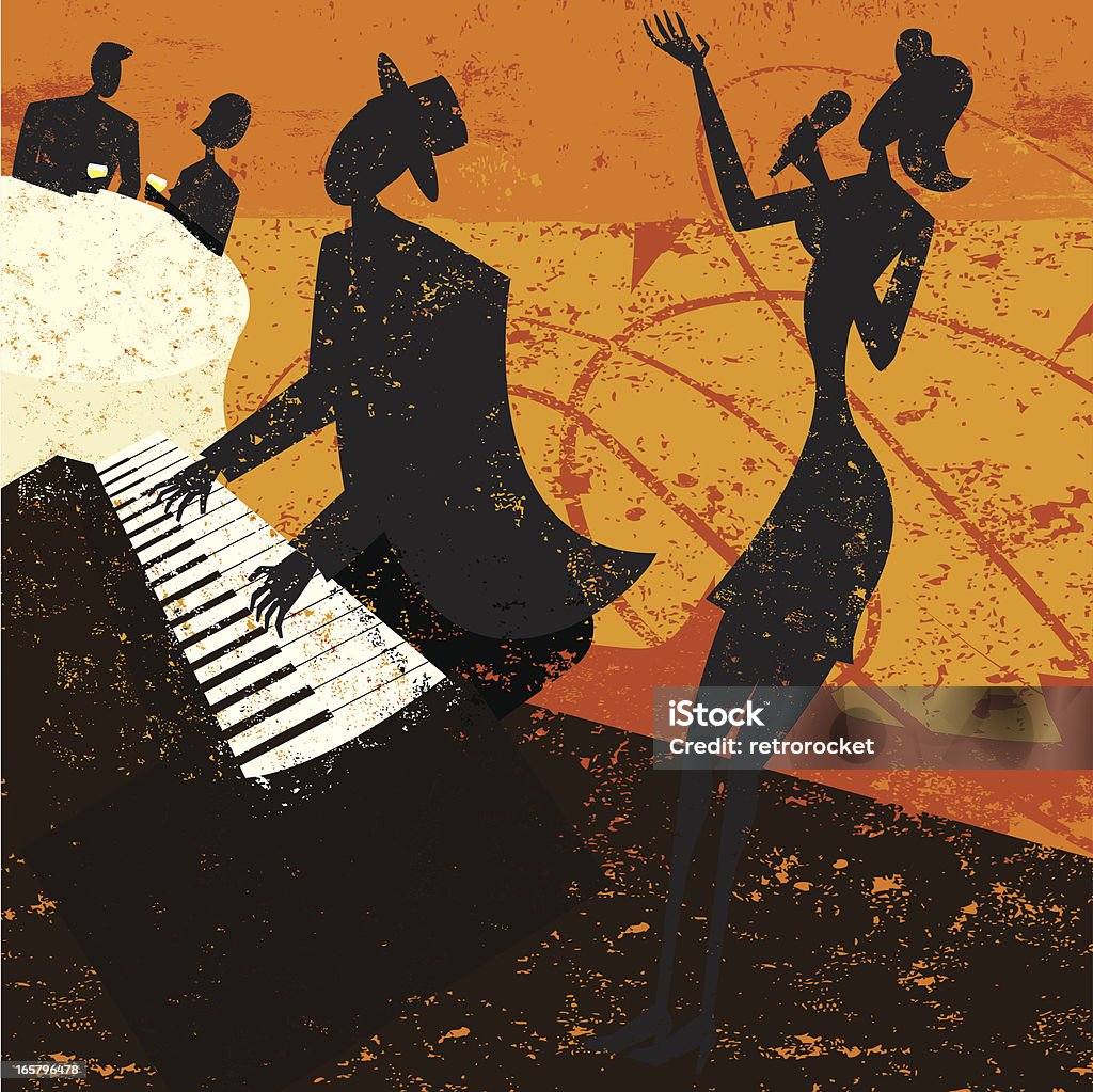 Jazz club singer A jazz club singer with a piano player and a couple sitting at a table drinking wine. Jazz Music stock vector