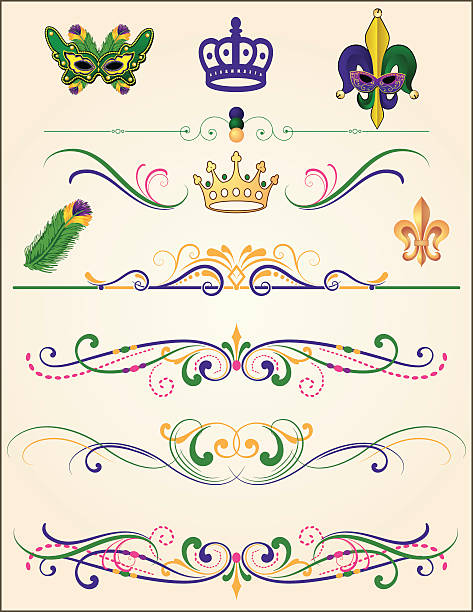 illustrazioni stock, clip art, cartoni animati e icone di tendenza di mardi gras set di elemento - mardi gras mask bead fleur de lys