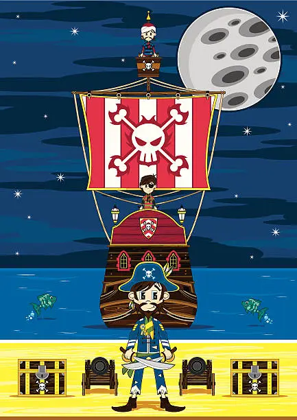 Vector illustration of Cute Pirate Captain and Ship Beach Scene