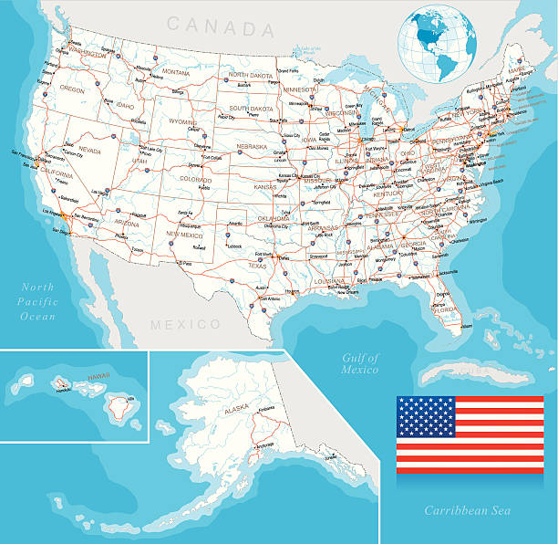 Vector illustration of U.S. highway map, layered Highly detailed map of United States with roads, states, big cities, rivers and some other objects alabama us state stock illustrations