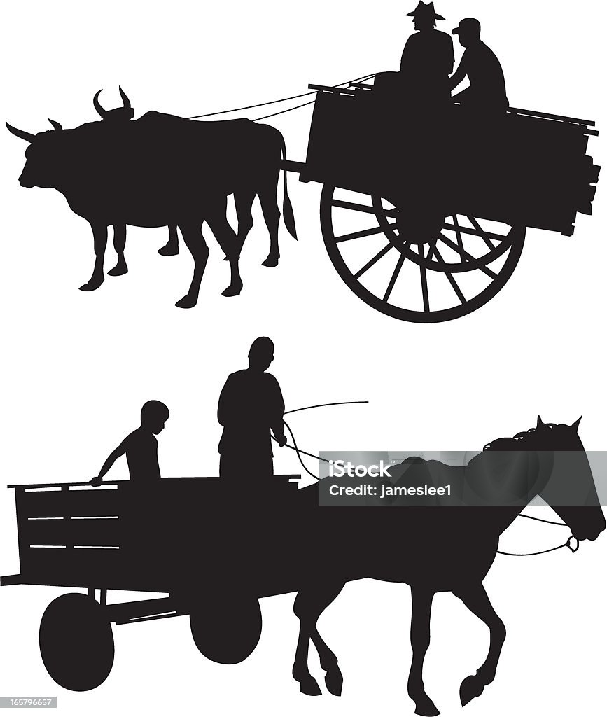 Cavalo & Ox com carrinho de - Vetor de Carroça royalty-free