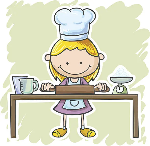 Vector illustration of Little girl is going to cook