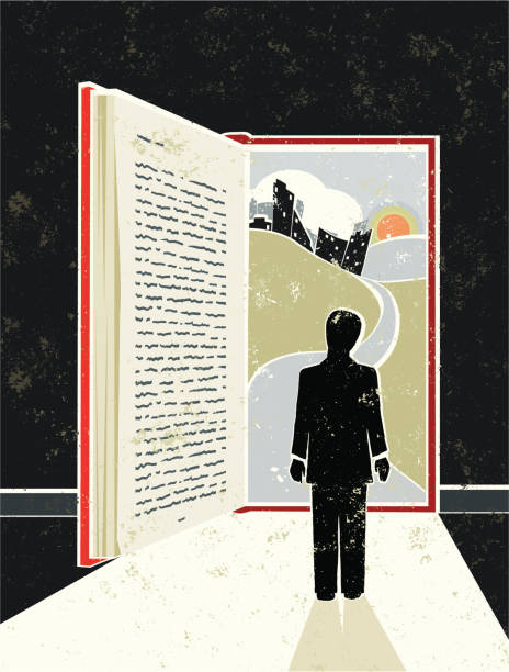 Loose yourself in a good book! A stylized vector cartoon of a book in the shape of an open door with light streaming in and a cityscape behind, the style is  reminiscent of an old screen print poster. Suggesting opportunity, hope, Education, reading, escape, career path,journey, or losing yourself in good book. Man, Book, cityscape, paper texture and background are on different layers for easy editing. Please note: clipping paths have been used,  an eps version is included without the path.