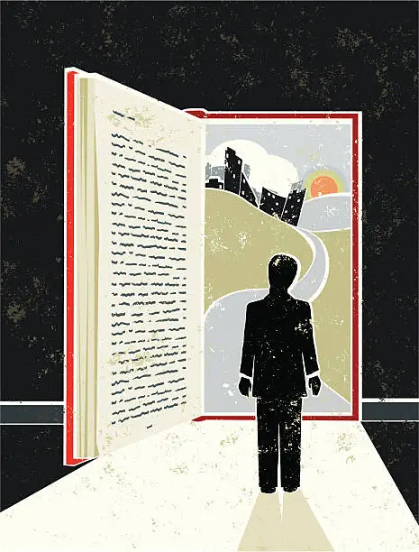 Vector illustration of Man Reading Book showing Cityscape, suggesting an Open Doorway