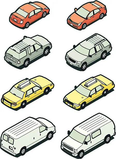 Vector illustration of Stock Isometric Vehicles, Front and Back