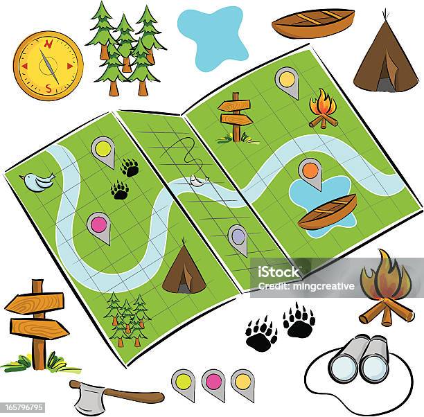 여름 캠핑 맵 아이콘 세트 지도에 대한 스톡 벡터 아트 및 기타 이미지 - 지도, 캠핑, 티피텐트