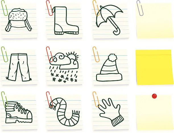 Vector illustration of Outdoor clothing post it note icons