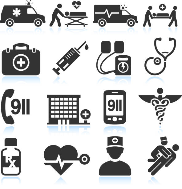 stockillustraties, clipart, cartoons en iconen met black and white emergency service vector icons - defibrillator