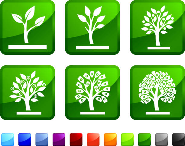 illustrations, cliparts, dessins animés et icônes de argent qui poussent sur les arbres libres de droits, illustration icon set d'autocollants - root origins growth plant