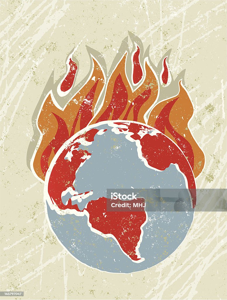 Mondo globo con fiamme, riscaldamento globale - arte vettoriale royalty-free di Cambiamenti climatici