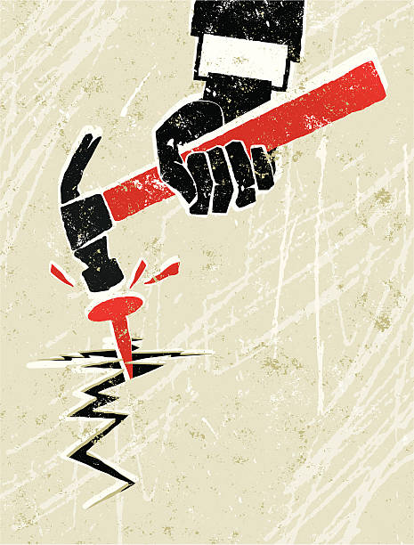 Nail Being Hit with a Hammer Poster Hit the nail on the head! A stylized vector cartoon of a male hand hitting a nail with a hammer, creating a huge crack,reminiscent of an old screen print poster and suggesting frustration, anger, disaster, unintentional, consequences, or negativity. Fist, nail, hammer, paper texture, crack and background are on different layers for easy editing. Please note: clipping paths have been used, an eps version is included without the path. hit the nail on the head stock illustrations