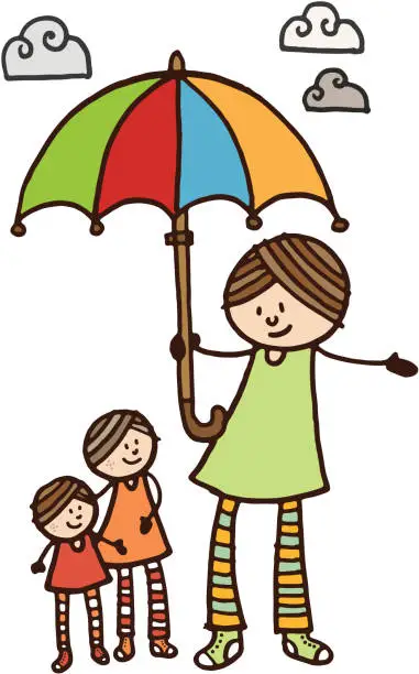 Vector illustration of Mother with two daughters and umbrella