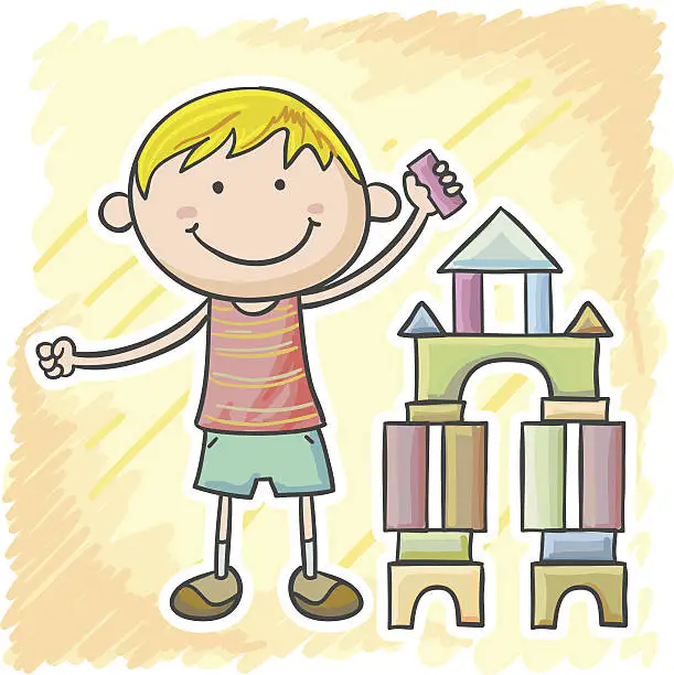 Vector illustration of Little boy playing with building block