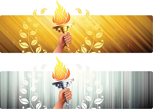 Banners with Flaming Torches Banners with flaming torches. High Resolution JPG,CS5 AI and Illustrator 0.8 EPS included. Each element is named,grouped and layered separately. sport torch stock illustrations