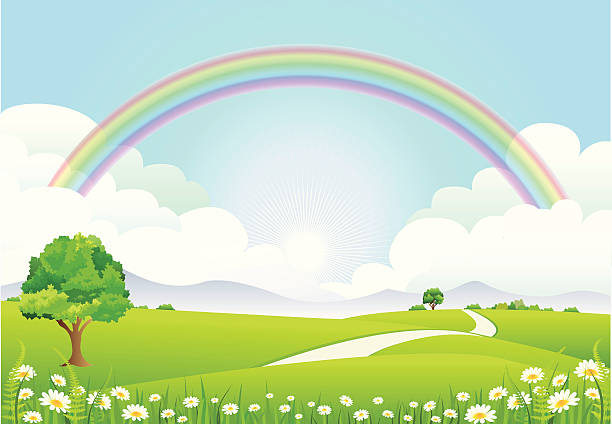 illustrazioni stock, clip art, cartoni animati e icone di tendenza di arcobaleno orizzontale - rainbow flower meadow nature